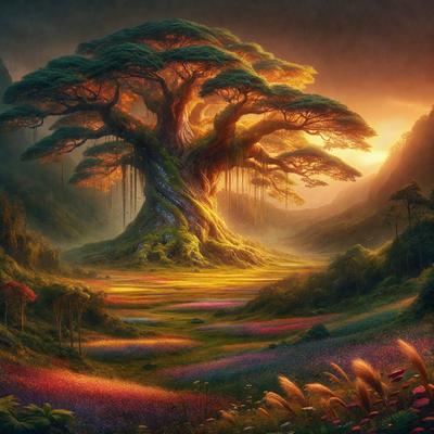 The primary subject of the image is a large, gnarled tree with a massive trunk, surrounded by a lush, colorful forest. The tree is situated in the center of the scene, with its branches extending outwards. The setting is a vibrant, magical forest filled with various plants and flowers, creating a serene and enchanting atmosphere. The visual style of the image is a digital art or illustration, showcasing the artist's creativity and attention to detail. The dominant colors in the image